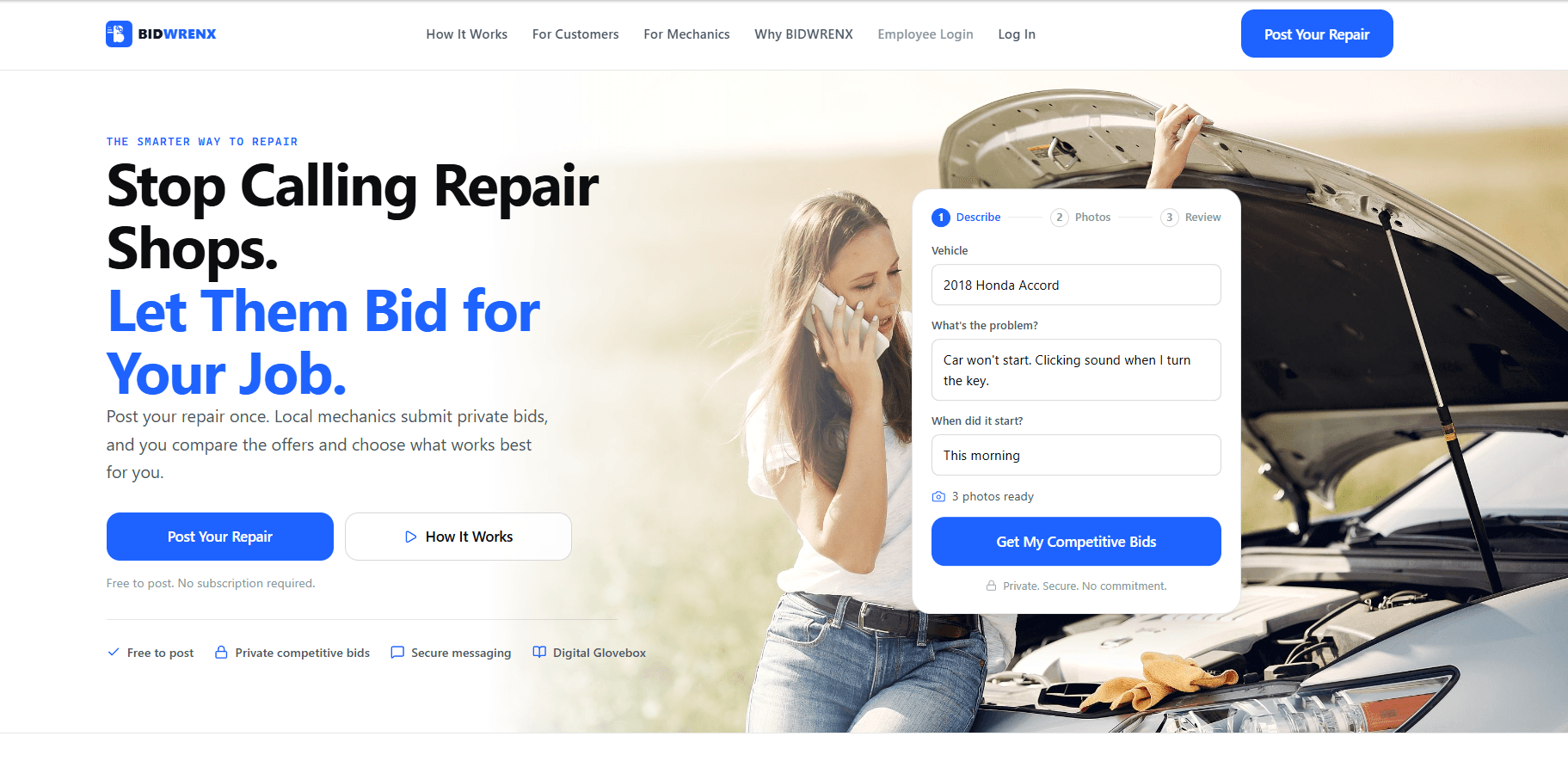 BIDWRENX homepage — post your repair and let local mechanics bid for your job
