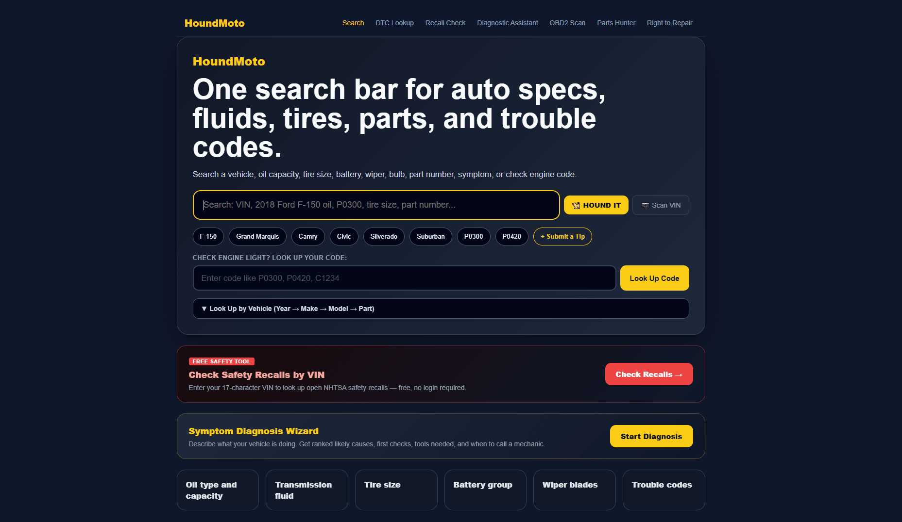 HoundMoto homepage — one search bar for auto specs, fluids, tires, parts, and trouble codes